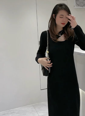 黑色气质中长款毛衣裙过膝宽松外穿加厚内搭针织女装秋冬连衣裙