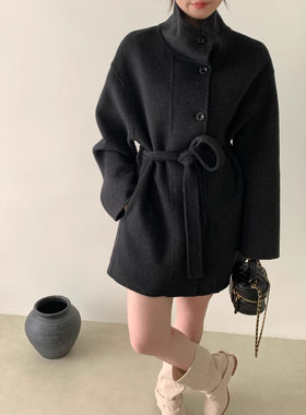 秋冬新款潮韩系立领中款双面羊毛绒修身小个子大衣外套女