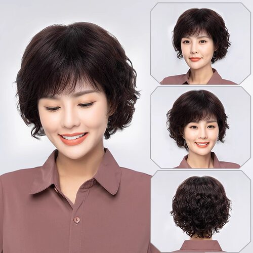 短卷发真人发头套小卷优雅女士假发套逼真自然斜刘海妈妈假发染发