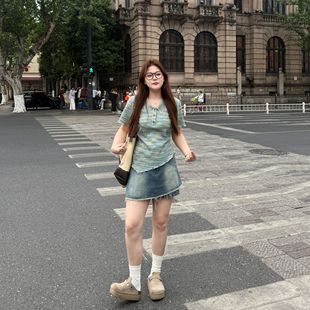 针织上衣短袖 盈盈南岛风大码 显瘦POLO衫 女装 T恤微胖mm 渐变色夏季