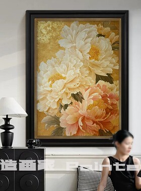 牡丹鎏华中古风纯手绘油画客厅装饰画法式玄关复古挂画餐厅中国风