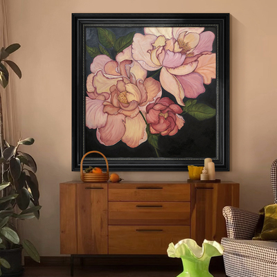 中古风牡丹客厅装饰画花开富贵粉色花卉复古手绘油画玄关餐厅挂画