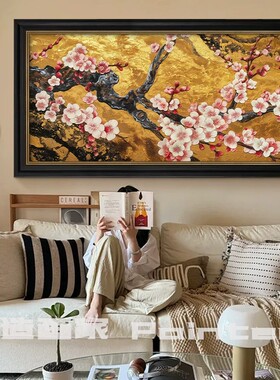 梅开富贵》中古风客厅纯手绘油画沙发背景墙复古装饰画肌理餐厅画