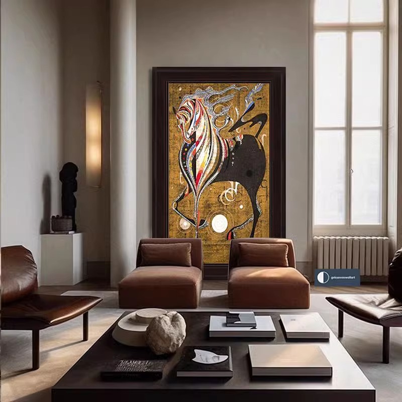中古风骏马玄关挂画抽象马到成功客厅装饰画侘寂复古动物手绘油画图片
