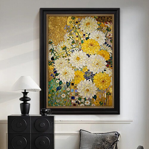 克里姆特花园抽象花卉手绘油画法式装饰画客厅中古风玄关挂画艺术
