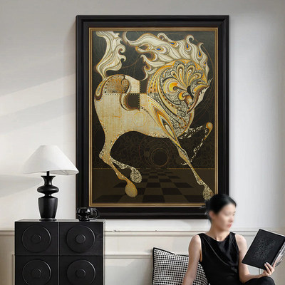 马到成功纯手绘油画美式客厅装饰画抽象玄关高级感挂画中古风壁画