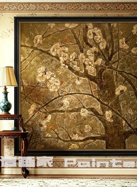 中古风梅花纯手绘油画肌理装饰画客厅复古餐厅挂画艺术玄关背景墙