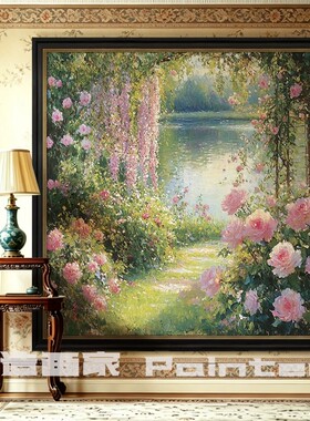 莫奈花园》法式复古纯手绘油画客厅装饰画卧室中古风挂画沙发艺术
