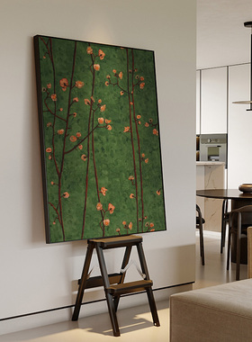 法式复古墨绿色高级梅花条客厅餐厅手绘油画南洋风玄关走廊装饰画