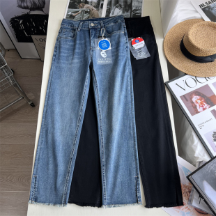 夏季 好穿 女高腰九分裤 冰感面膜裤 超薄毛边开叉直筒牛仔裤