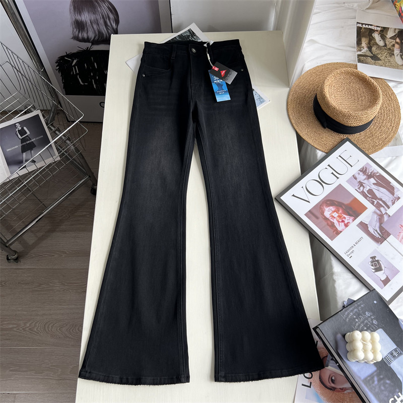 超赞显瘦腿精~!四面弹高腰显瘦 黑灰色修身微喇牛仔裤 直筒长裤秋