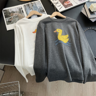 工厂品质款！小黄鸭印花云朵绒打底衫女减龄百搭加厚T恤上衣