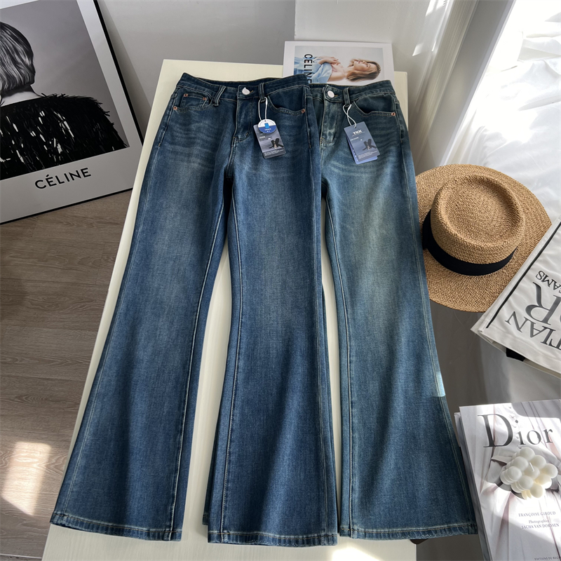 高腰喇叭牛仔长裤拖地裤女春