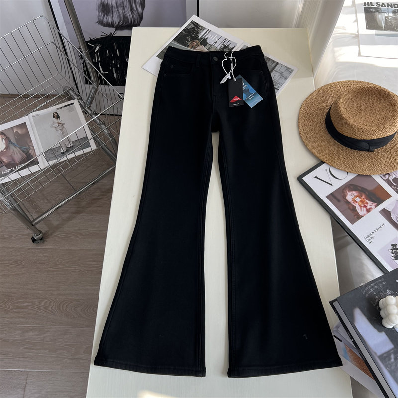 微喇显瘦小黑裤~！高腰四面弹  小个子梨形遮胯牛仔裤喇叭裤春秋