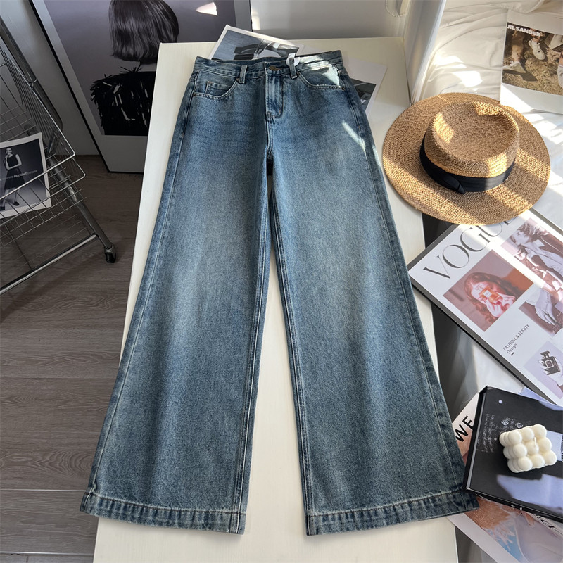 复古浅蓝高腰牛仔裤女秋季新品 无弹力纯棉直筒拖地裤 微喇牛仔裤