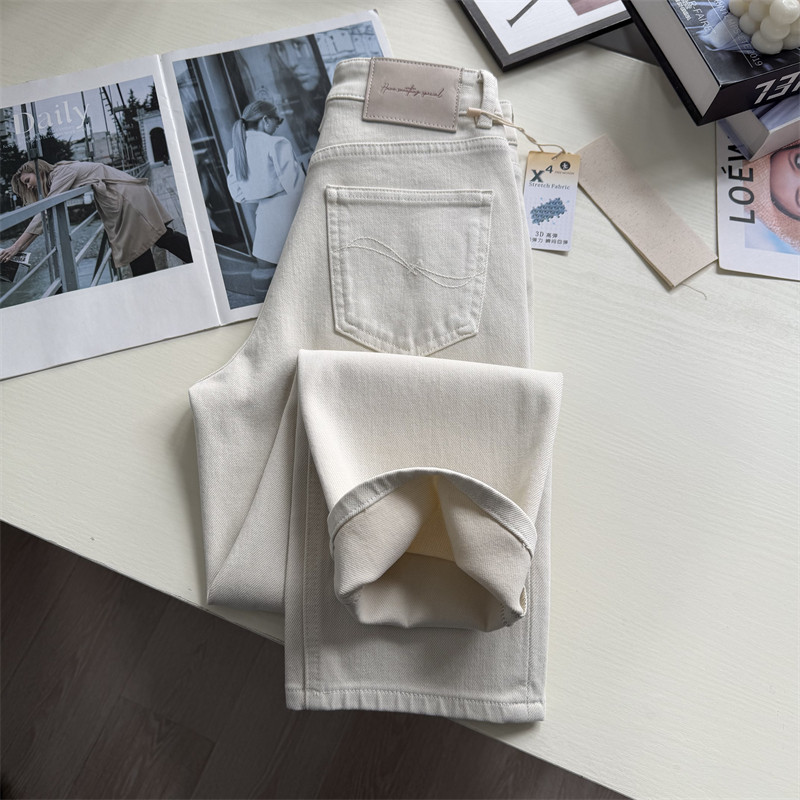 高端好版型~！ 舒适四面弹米白色小个子九分烟管牛仔裤直筒法棍裤