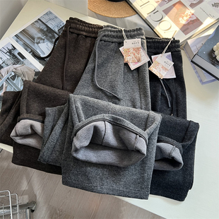女秋冬慵懒宽松羊毛弯刀长裤 遮肉显瘦 舒适松紧腰阔腿休闲裤