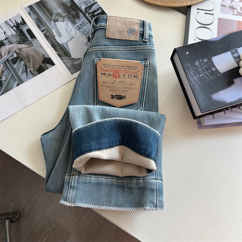 设计感~！高腰显瘦四面弹直筒裤女 冬季加绒加厚保暖九分牛仔裤