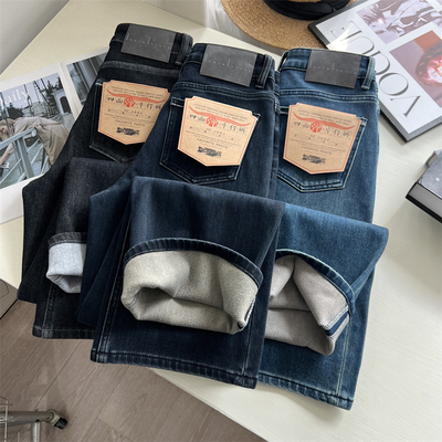 四面弹加绒窄版阔腿裤牛仔裤女冬