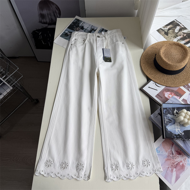 莱赛尔棉花边白色牛仔裤女夏