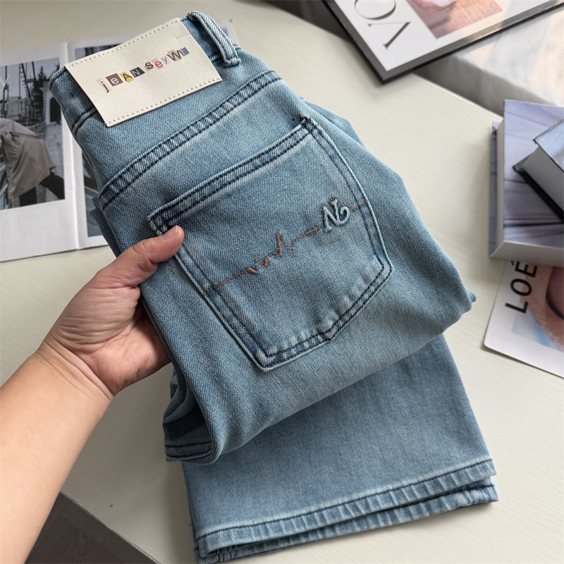 宝藏裤型~！浅蓝色四面弹 高腰显瘦宽松阔腿牛仔裤垂感直筒长裤春