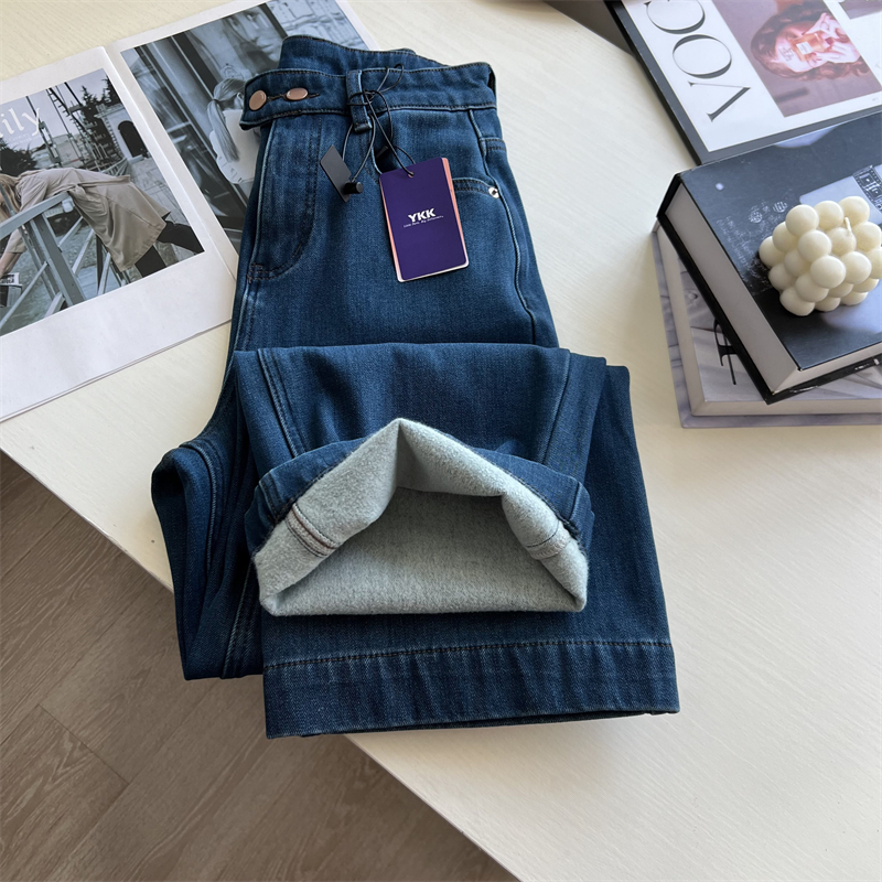 必入裤型~！小个子直筒牛仔裤女冬季加绒软牛仔四面弹阔腿九分裤