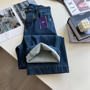 必入裤型~！小个子直筒牛仔裤女冬季加绒软牛仔四面弹阔腿九分裤