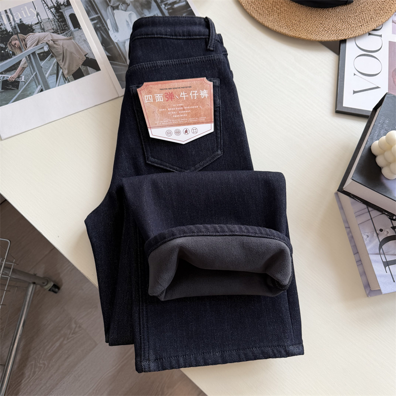 四面弹 亲肤软牛仔~！加绒加厚保暖直筒牛仔裤女冬季窄版阔腿长裤