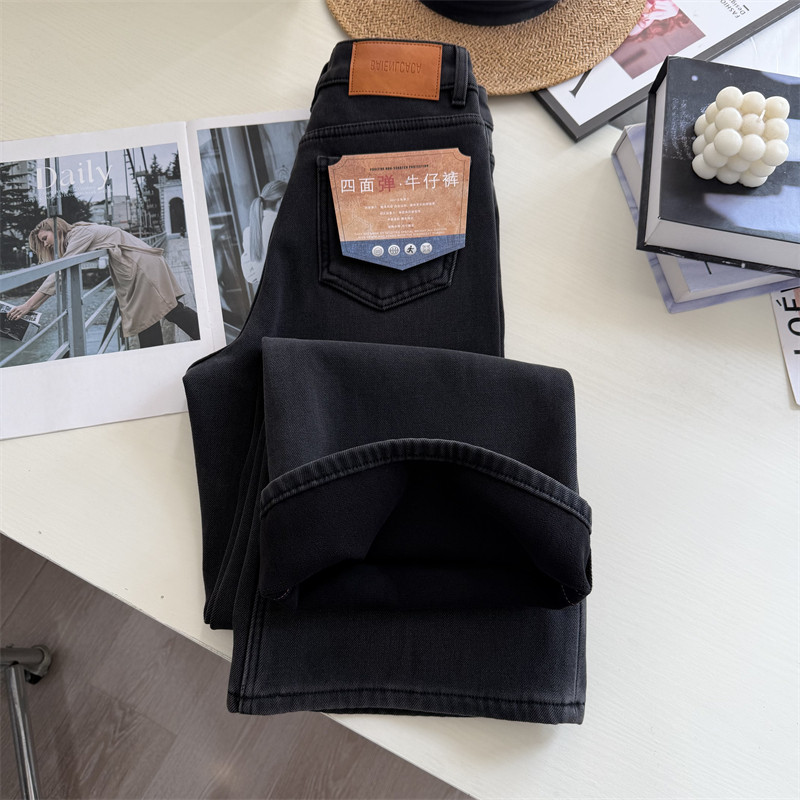 巨拉腿！超模裤！双版本冬季加厚绒微喇裤女黑灰色宽松垂感牛仔裤