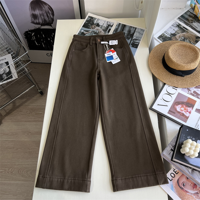 冬季加绒加厚咖色四面弹直筒裤女