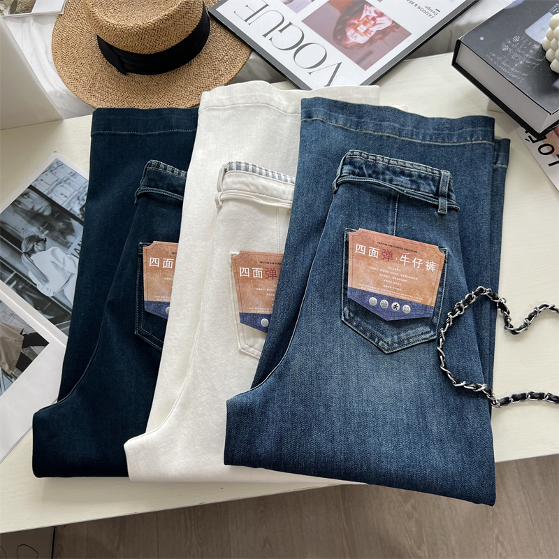 穿搭氛围感~！系带设计感高腰四面弹阔腿裤显瘦小个子九分牛仔裤