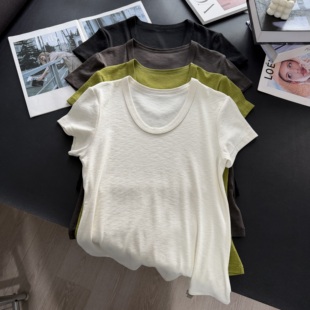 简约百搭~2026夏季新品 小心机显瘦U领天丝薄款短袖T恤衫女士上衣
