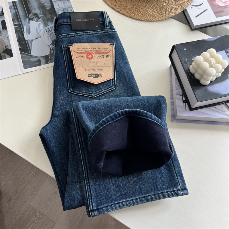 加绒加厚窄版直筒牛仔长裤冬季