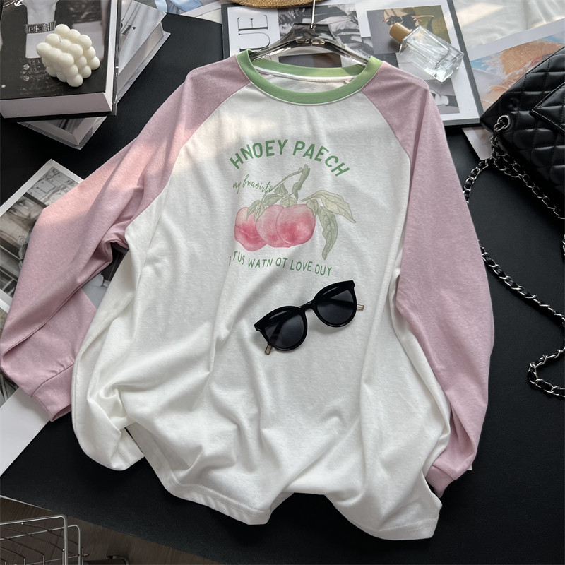 水蜜桃印花~！夏季薄款小清新粉绿撞色长袖T恤女宽松休闲防晒衫