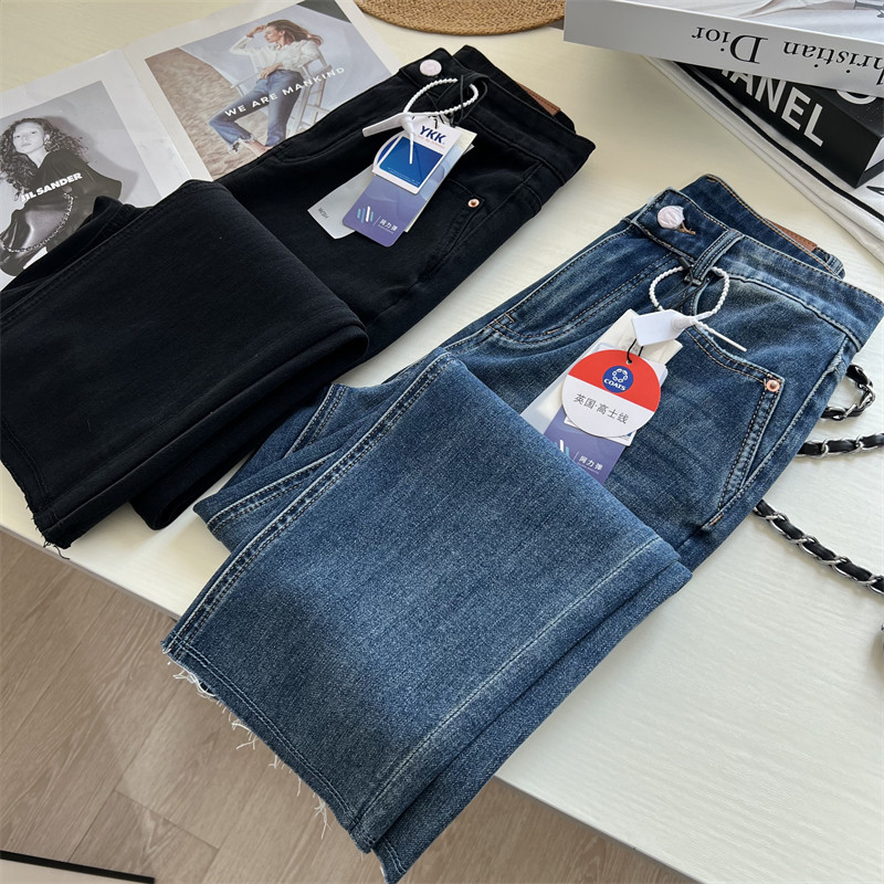 时髦精~四面弹高腰显瘦零束缚 烟管裤 九分直筒裤毛边牛仔裤春款