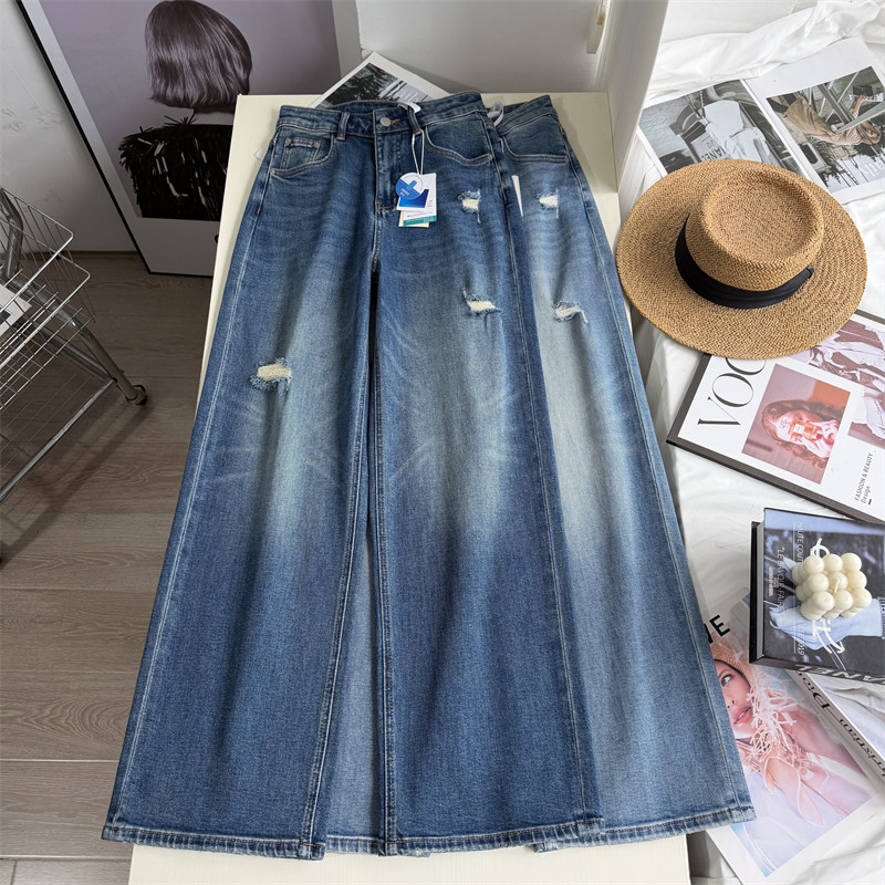 时髦破洞！ 美式复古宽松牛仔裤女 巨好看百搭超火阔腿垂感长裤春