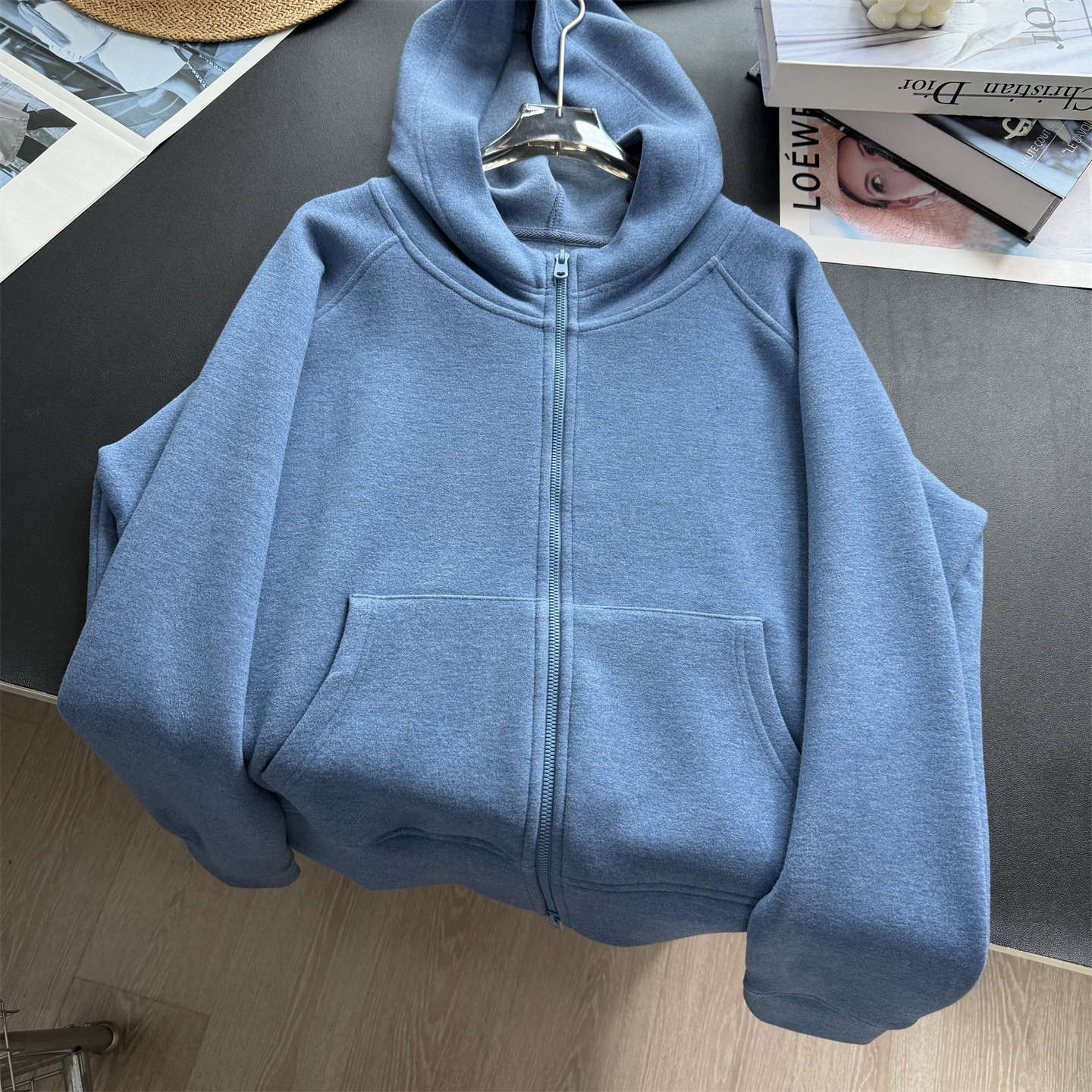 雾蓝色磨毛糯米绒连帽卫衣开衫