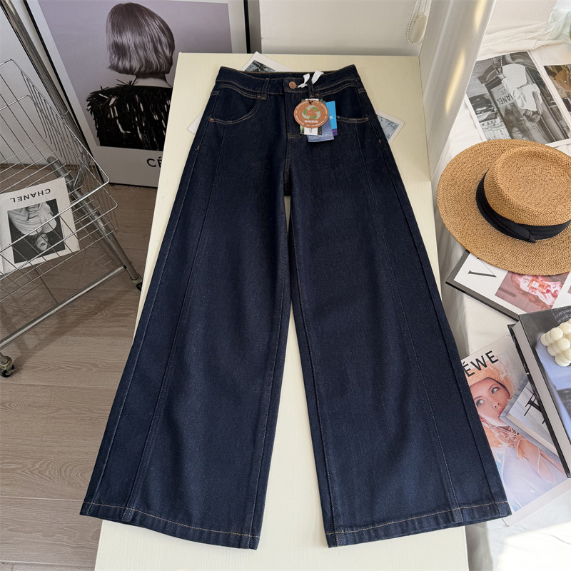 高街时髦！深蓝色薄绒高腰阔腿牛仔裤女秋冬显瘦百搭宽松直筒长裤