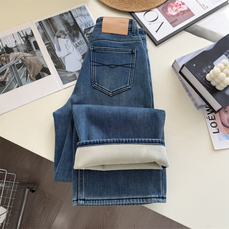 加厚保暖 密密绒窄版直筒裤牛仔裤女冬季 垂感柔软阔腿牛仔长裤