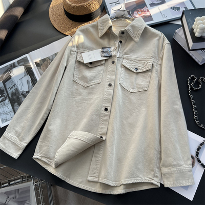 单排扣翻领长袖牛仔衬衫衬衣女