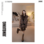 阿尔巴卡羊驼毛格子通勤毛呢外套小个子短款 连帽大衣25D048