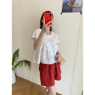 现货 H7275 SUSAN 韩系甜美少女风减龄爱心印花蕾丝花边上衣小衫