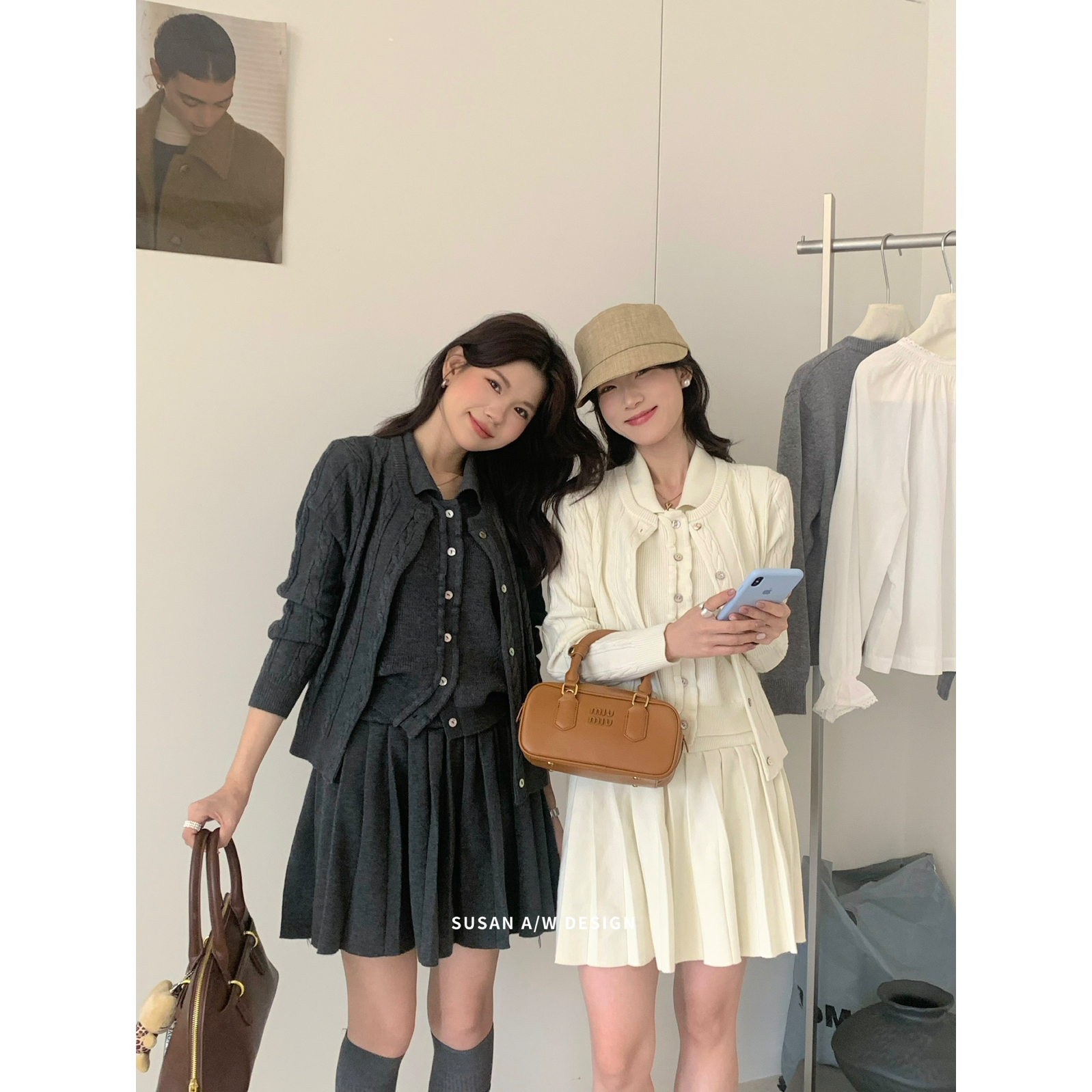 SUSAN-复古miu系软糯百搭针织开衫+百褶裙+背心三件套套装27026
