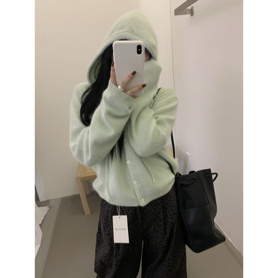 LOVELY秋上新韩系简约百搭连帽羊毛针织开衫毛衣含28羊毛M3780