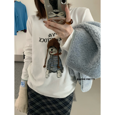 ACME PRETTY-小狗配草编帽抓绒T立体草编帽长袖T恤F1273