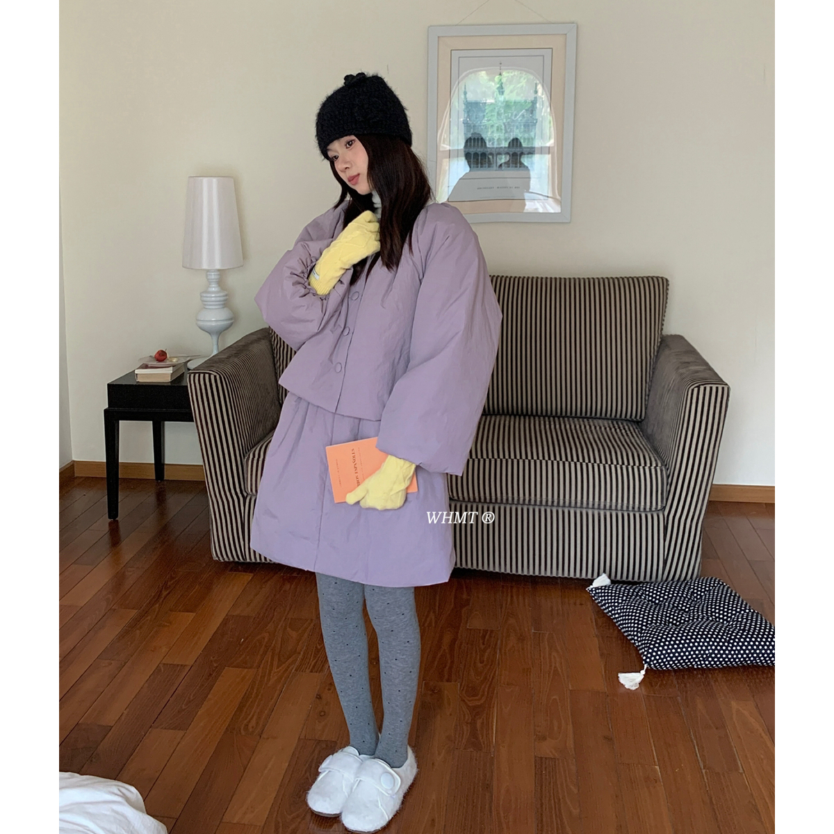 RS.WHMT-韩版小众设计感圆领捏褶棉服+压褶短裙套装Q1655