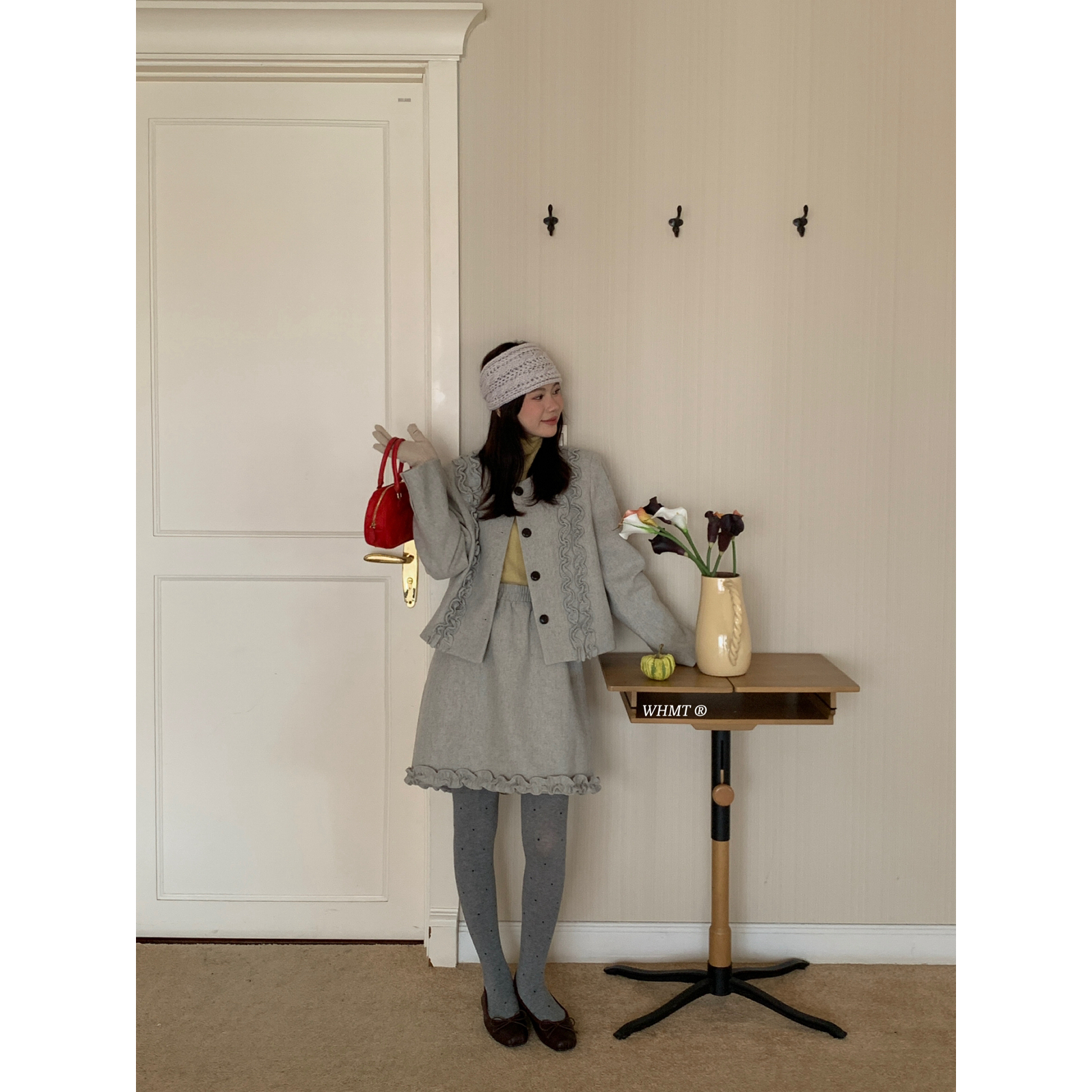 RS.WHMT 法式miu系千金风木耳边毛呢外套+松紧腰半身裙套装Q1560