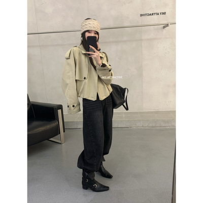 SKY ATTRACTIVE-秋上新韩系设计感小个子翻领短款风衣短外套20162