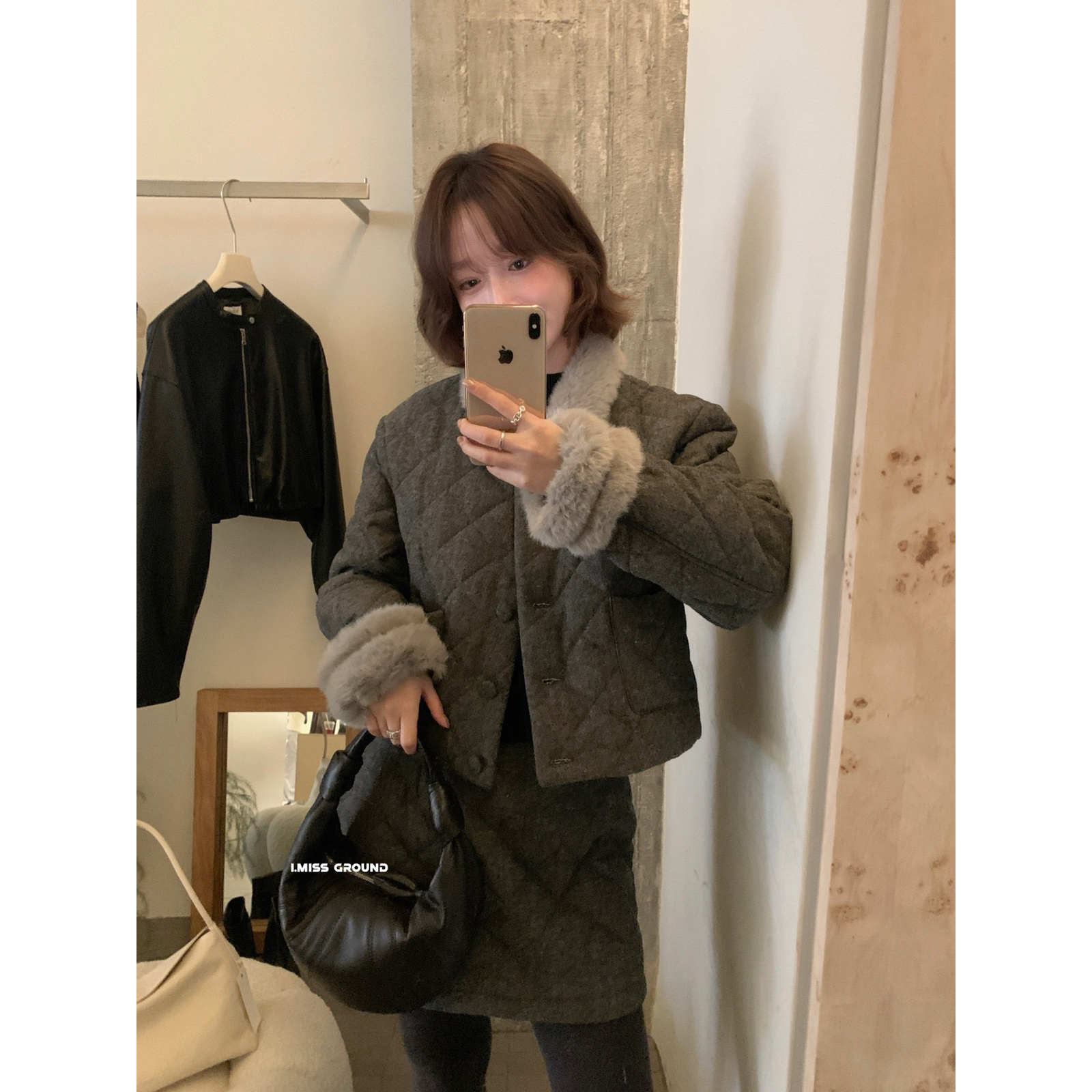 IMISS-上新韩标老钱风毛毛领菱格保暖棉服外套（含25羊毛）H70856