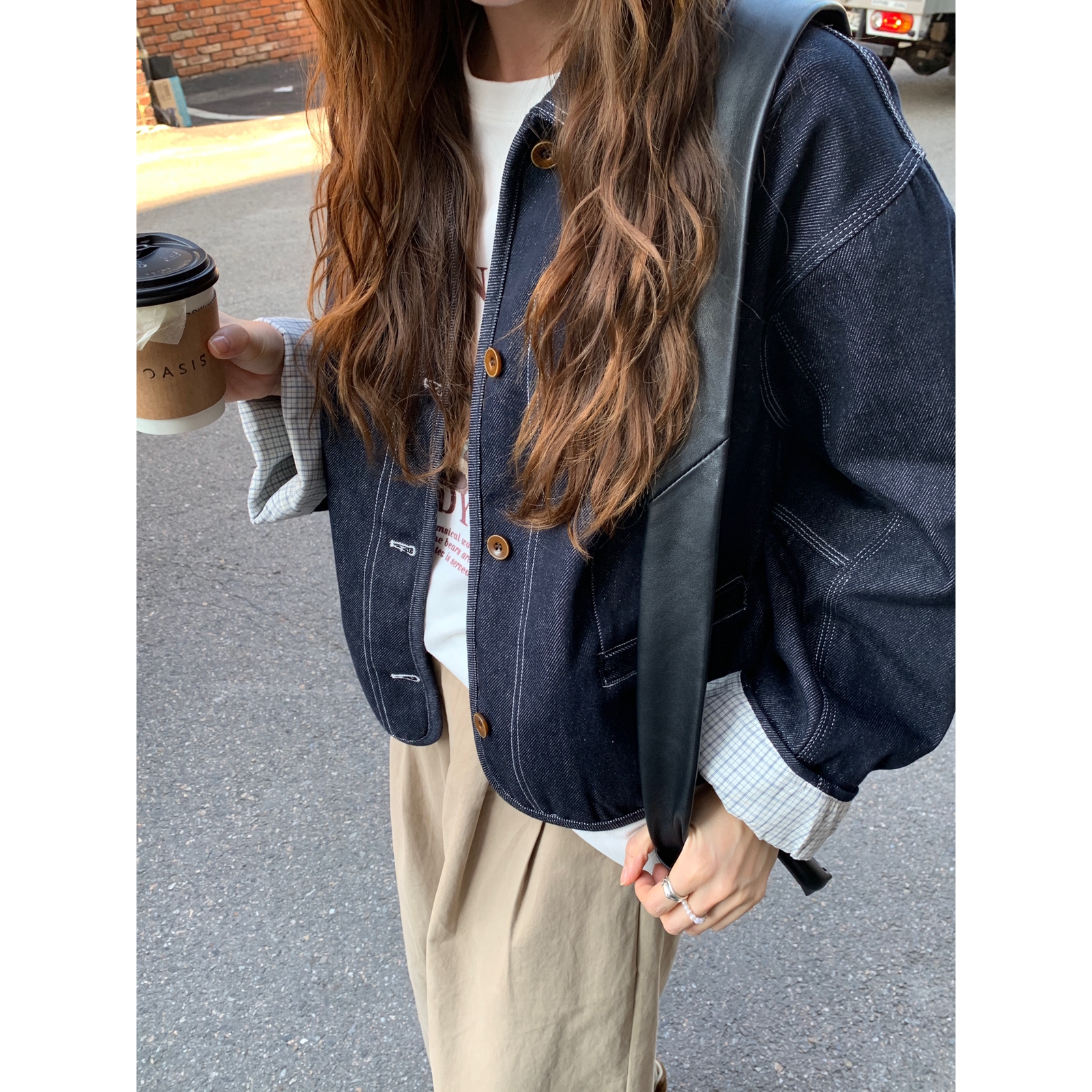 KITTIN-韩标WithYou|复古原色牛仔格纹拼接工装风牛仔外套W2281